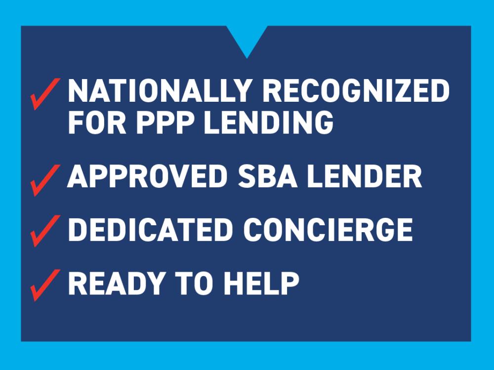 (check) Nationally Recognized for PPP Lending (check) Approved SBA Lender (check) Dedicated Concierge (check) Ready to Help