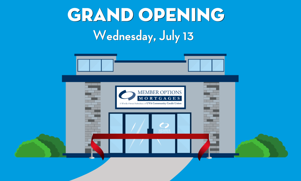 Text: Grand Opening Wednesday, July 13 Image: Member Options Mortgages Building, red ribbon across d