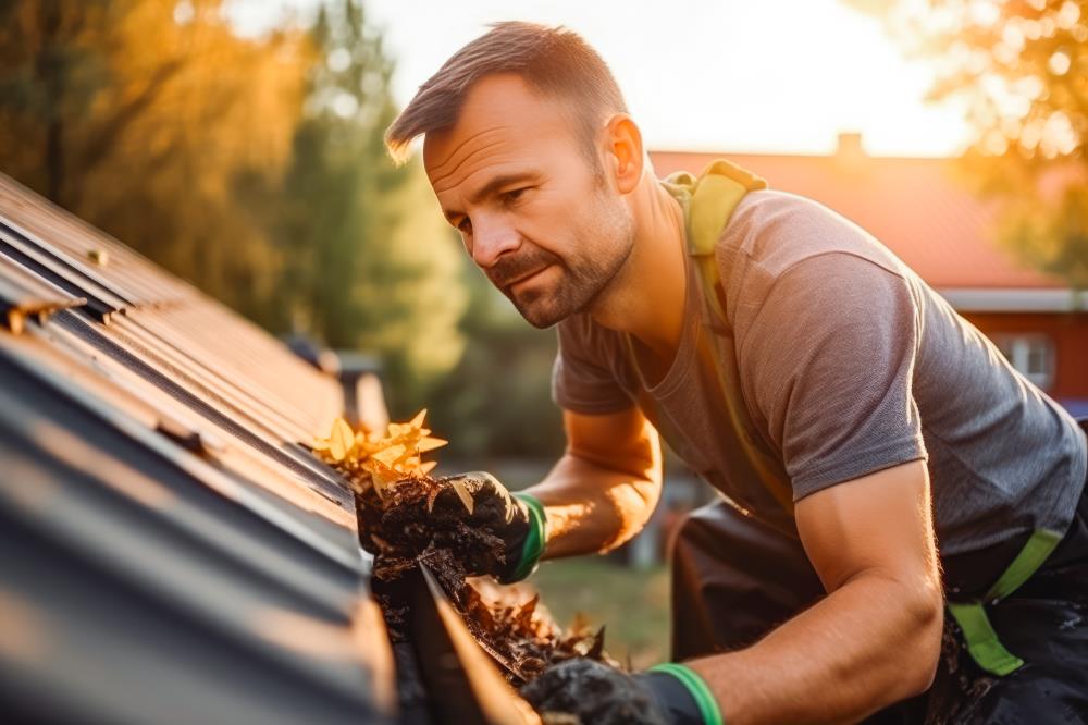 Middle-age man removing leaves from the gutter.