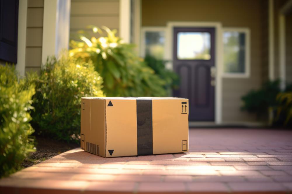 A package from an online shopping delivery is on the front doorstep of a residential home. The scene