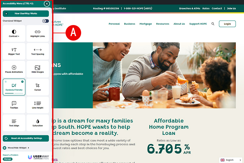 Screenshot of www.hopecu.org Desktop Showing Userway Accessability with Dyslexia-Friendly Fonts Enabled