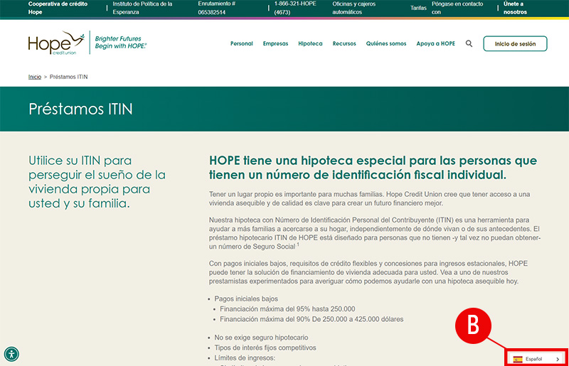HOPE Website Screenshot of Translation Tool Converting Page Text to Spanish