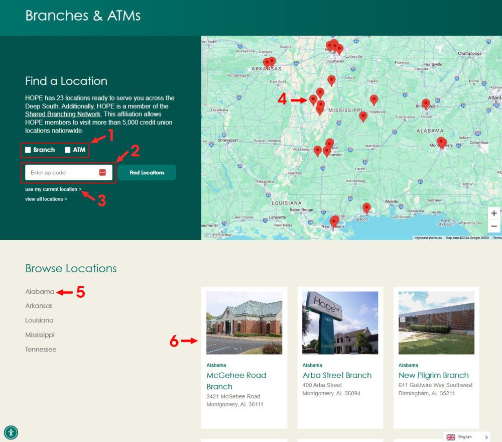 Screenshot Displaying Six Options for Locating a HOPE Branch or ATM