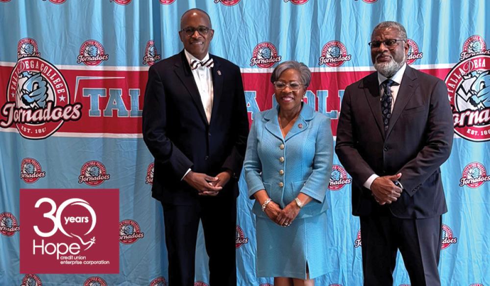 Interim College President Dr. Walter Kimbrough, Talladega College Board of Trustees Chair Rica Lewis-Payton, and Hope Enterprise | Hope Credit Union CEO Bill Bynum at the “State of the College”