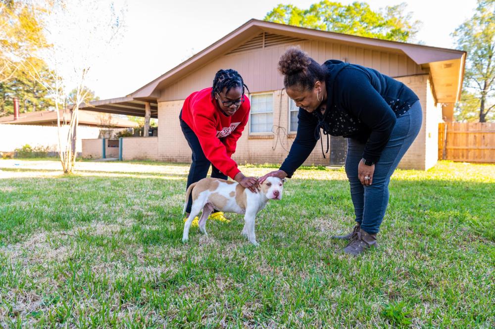 Kimberly Patrick and daughter with new puppy Rocko in backyard of their new home