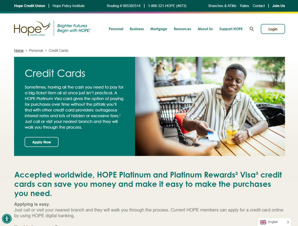 HOPE's New Website Credit Card Page Featuring Smiling Member Using Credit Card