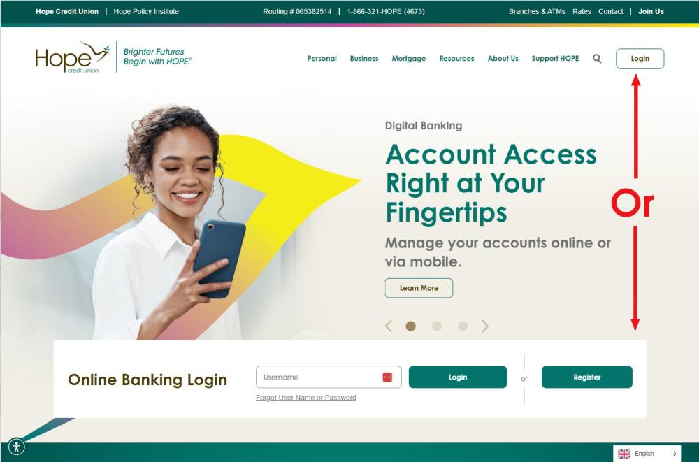 HOPE's New Website User Interface Computer Screen Digital Banking Login Guide