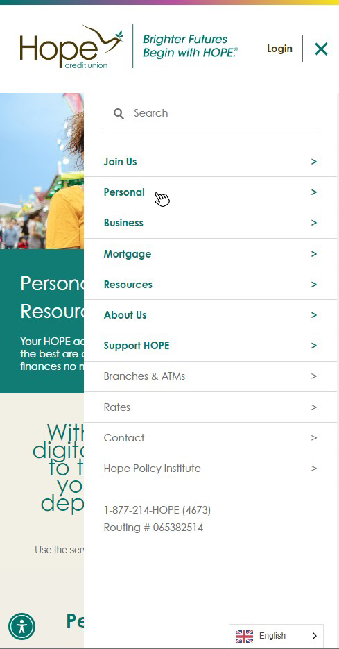 HOPE Website Screenshot Showing Mobile Screen Navigation to Online Loan Payments - Step 1