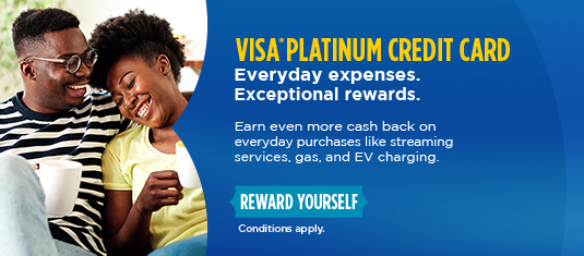 A man and woman smiling and holding coffee - Visa Platinum Credit Card ad